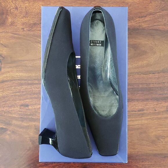 Vintage 90's STUART WEITZMAN Kitten Heels Pointed Squared Toe Black Crepe - Picture 1 of 10